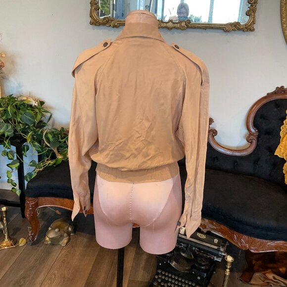 Bally Button Front Cropped Trench Jacket Long Sleeve Elastic Hem Size S Tan - Picture 6 of 6